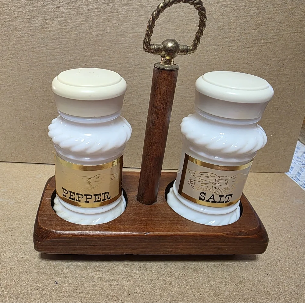 Vtg Hazel Atlas Milk Glass Salt Pepper Shakers W Stand #177